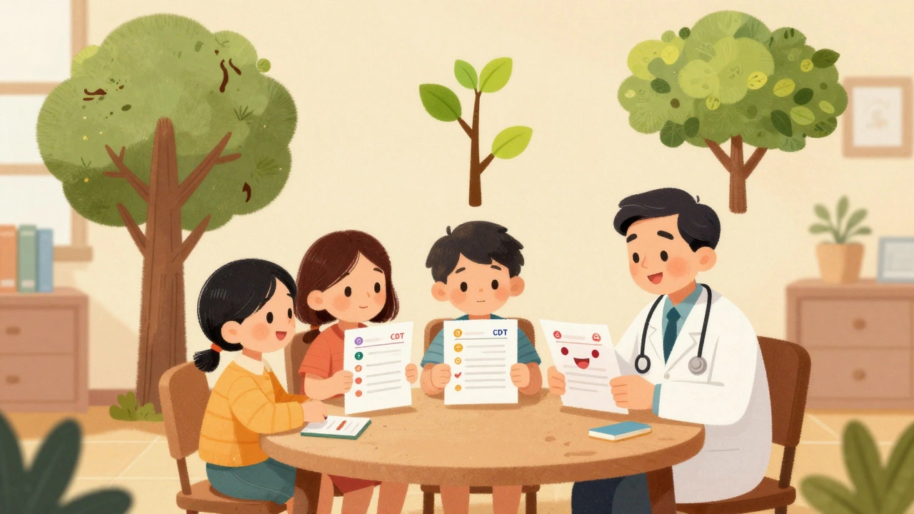 Семья и врач смотрят на три результата тестов, рядом растёт дерево с тремя ветвями — увядшей, новой и цветущей.
