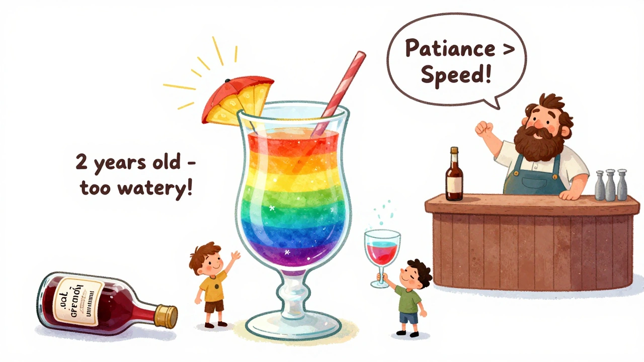 Семислойный коктейль радугой в стакане, рядом празднуют маленькие руки.