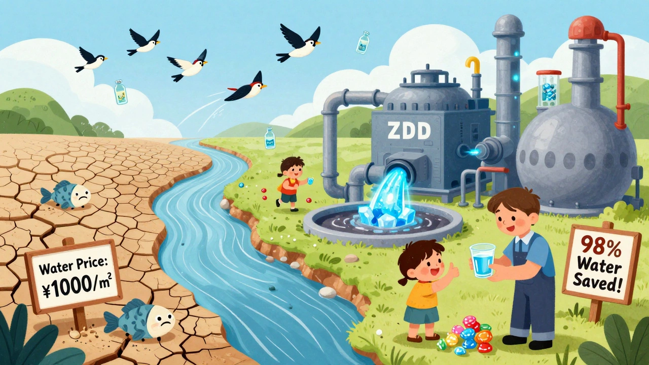 Сравнение засушливой реки и фабрики, где сточные воды превращаются в соль и чистую воду.