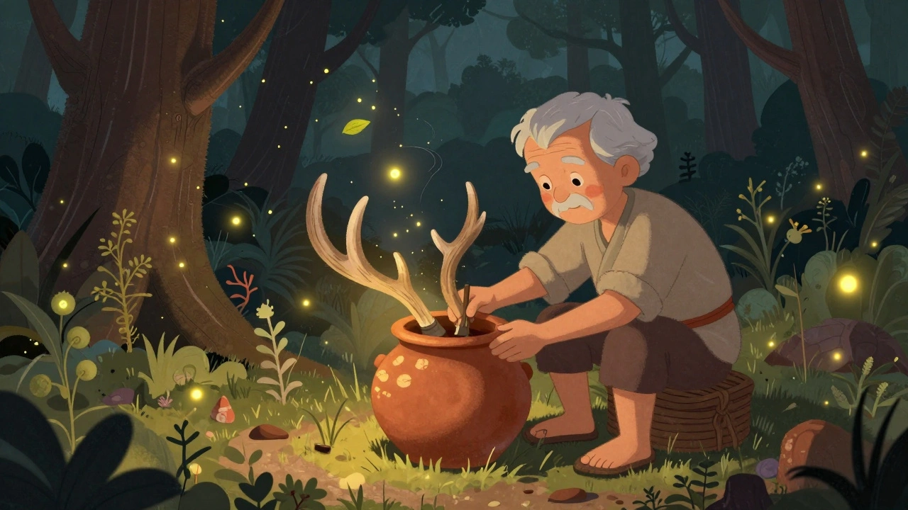 Старик в Лаосе закрывает глиняный горшок с оленьими рогами, вокруг — светлячки и травы.