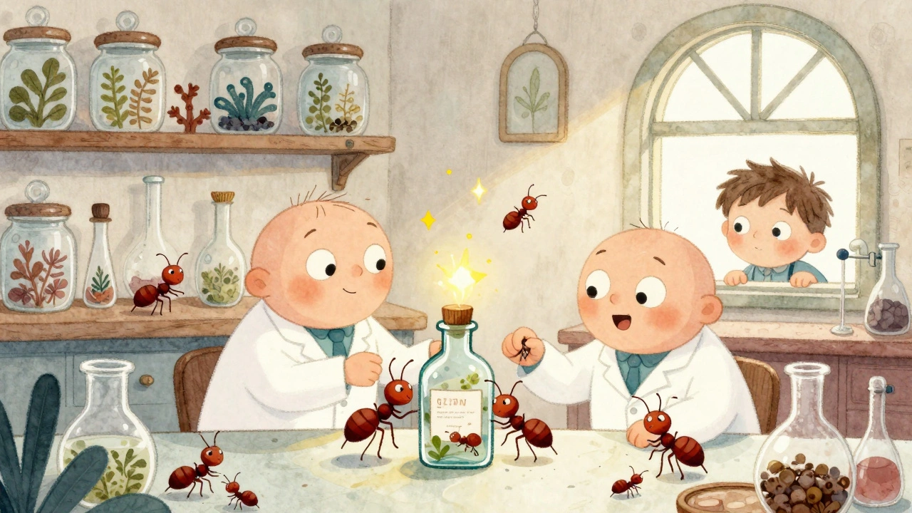 Учёные в Дании добавляют муравьёв в джин, ребёнок смотрит в окно с удивлением.