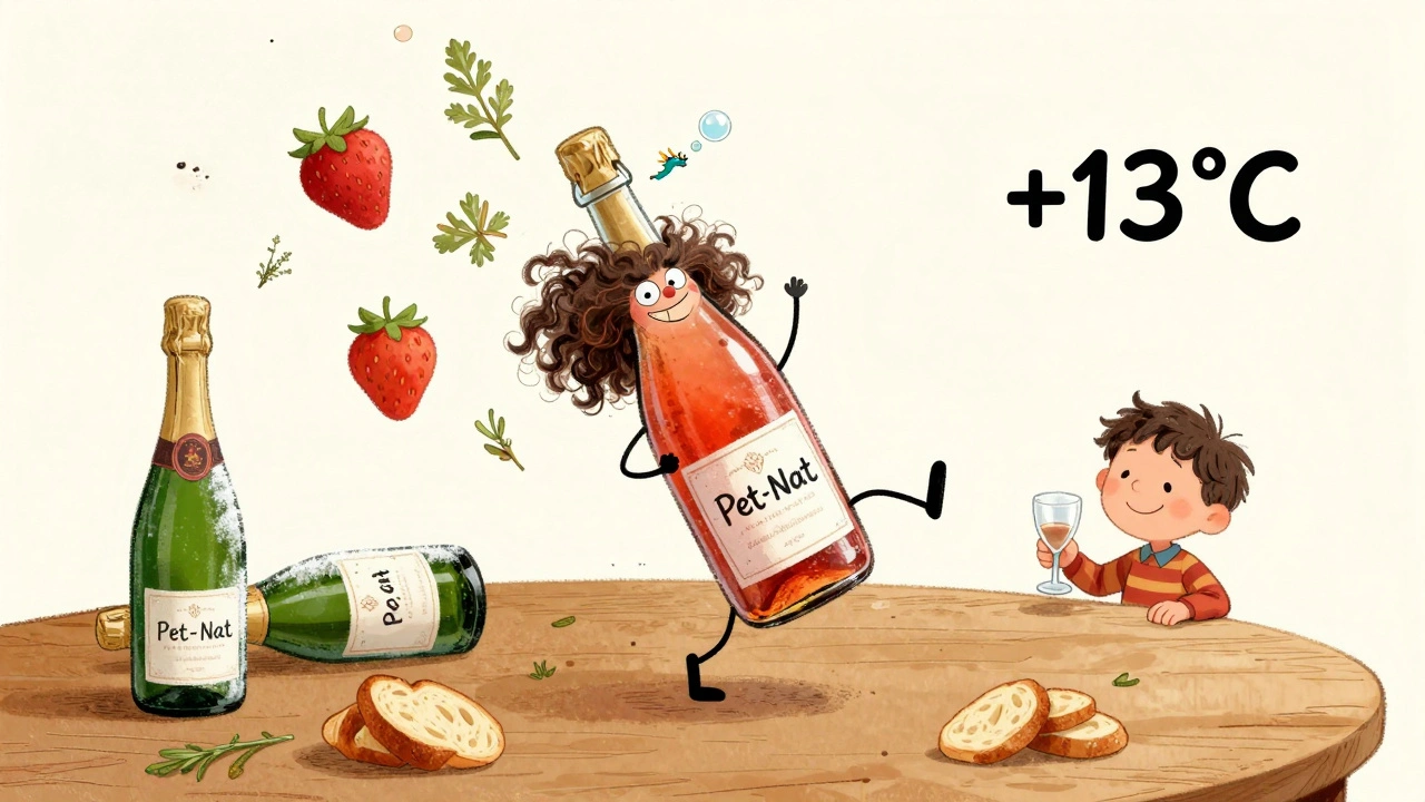 Живой Pet-Nat танцует при +13°C, его ароматы — земляника и хлеб — летят в виде пузырьков-дракончиков.