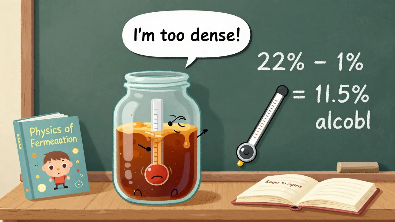 Ареометр тонет в густом сусле, рефрактометр улыбается, на доске — формула превращения сахара в спирт.
