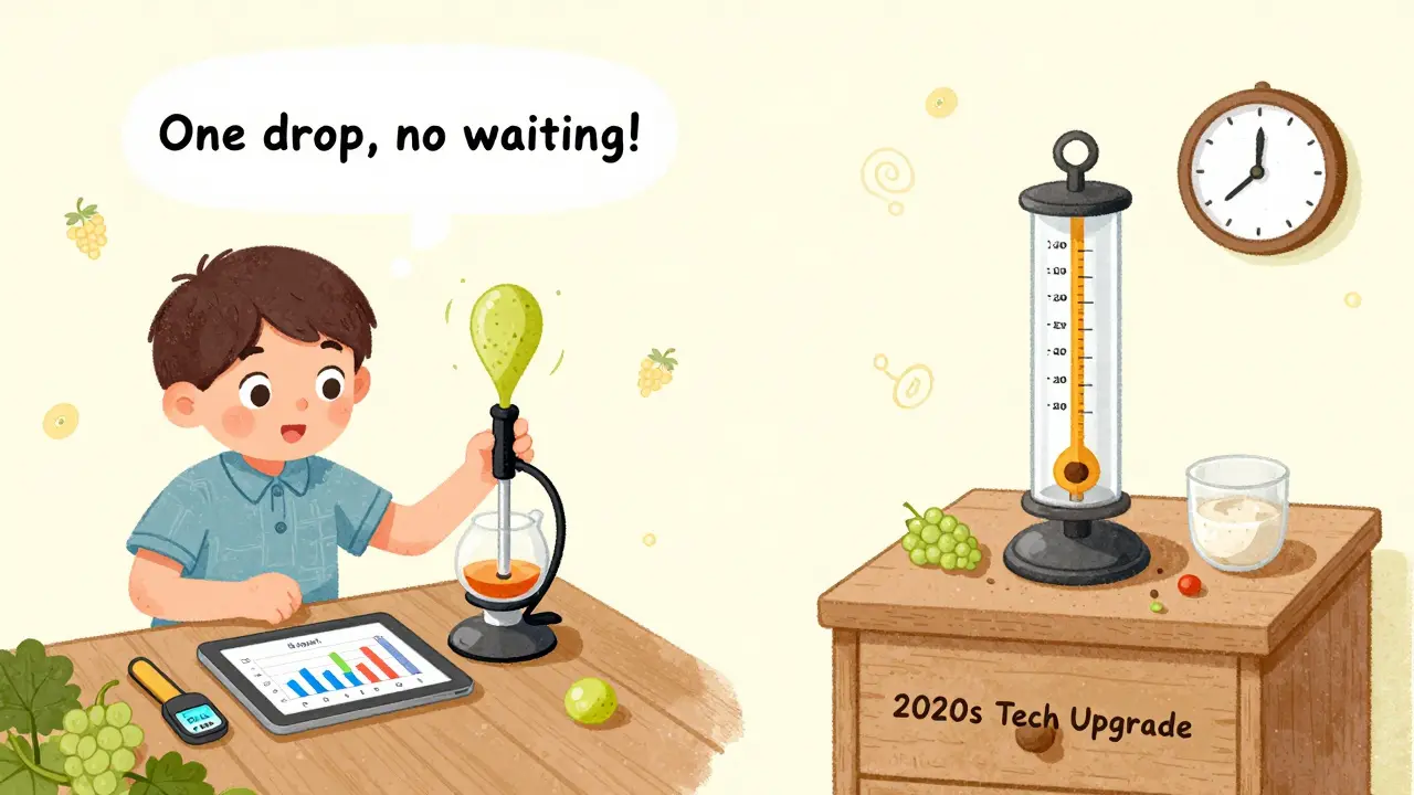 Цифровой рефрактометр синхронизирован с планшетом, а старый ареометр лежит в ящике, рядом — часы и виноградные лозы.