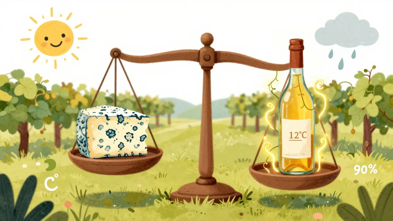 Магическая весы: сыр Рокфор и бутылка Сотерн в равновесии с символами температуры и влажности